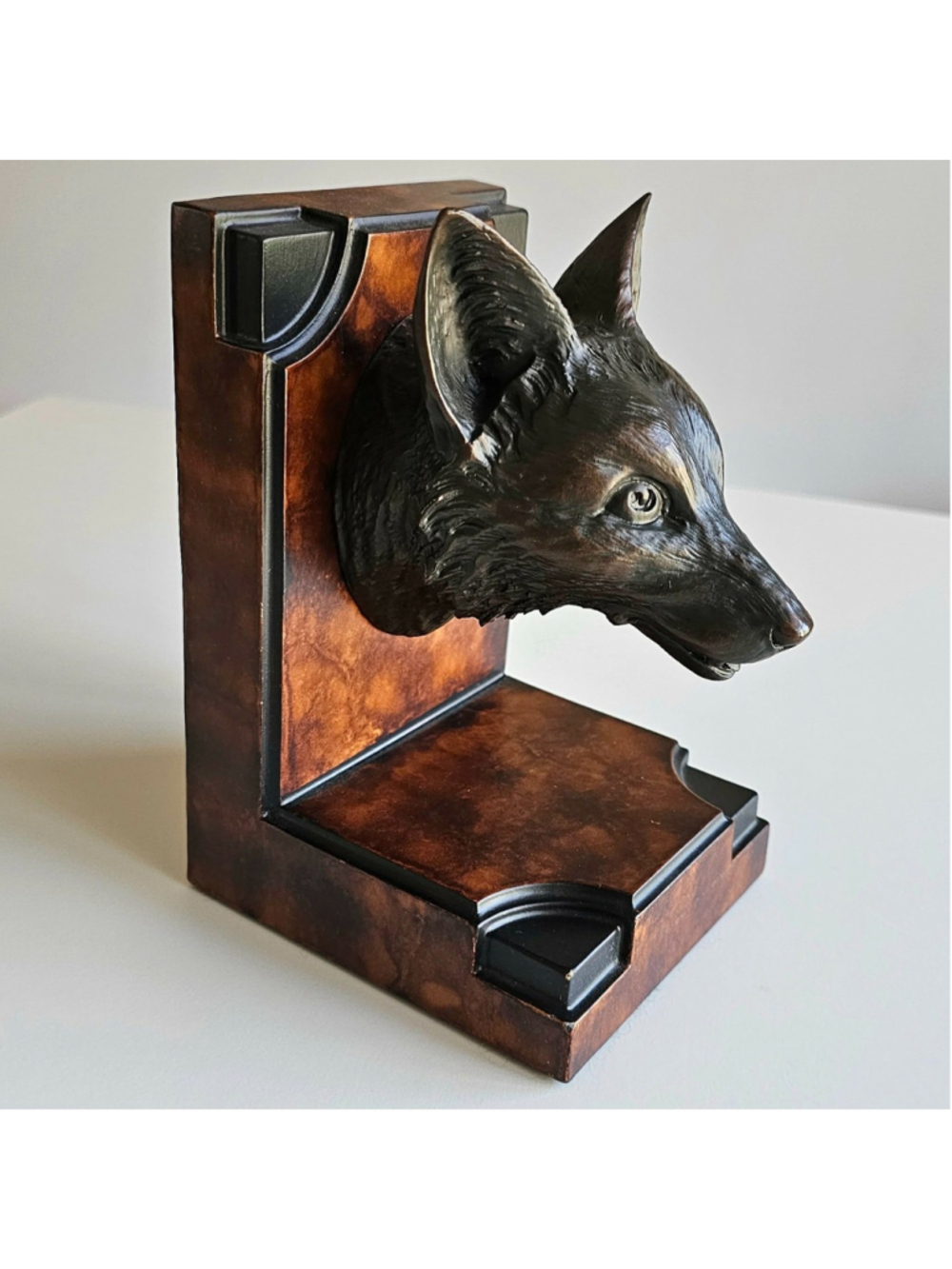 Vintage-Style Hand-Cast Fox Head Bookend - Faux Burl Wood & Bronze Finish